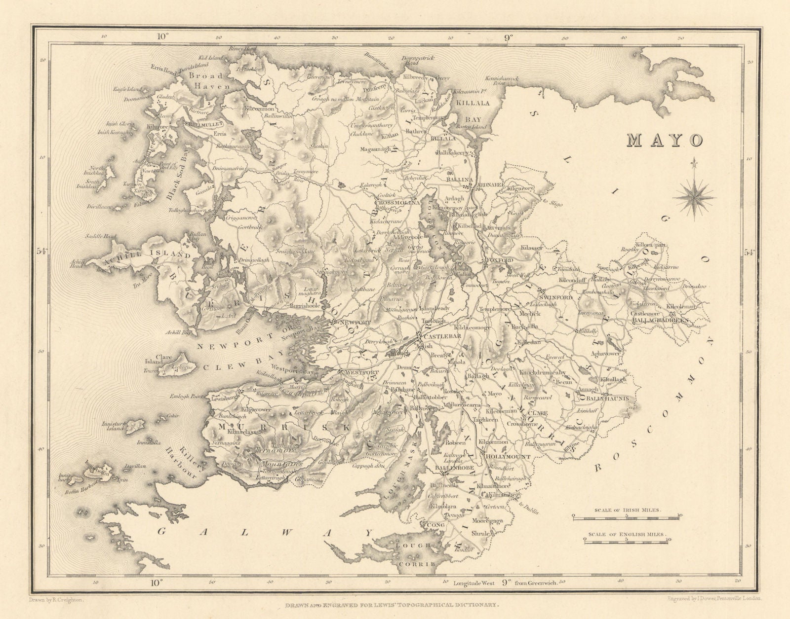 COUNTY MAYO antique map for LEWIS by CREIGHTON & DOWER - Ireland 1837 old